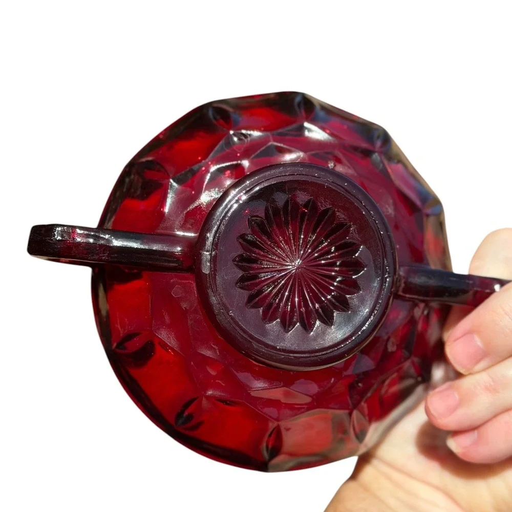 Vintage Ruby Red Glass Double Handled Nappy Bowls Set of 3 Scalloped Rim 5 in